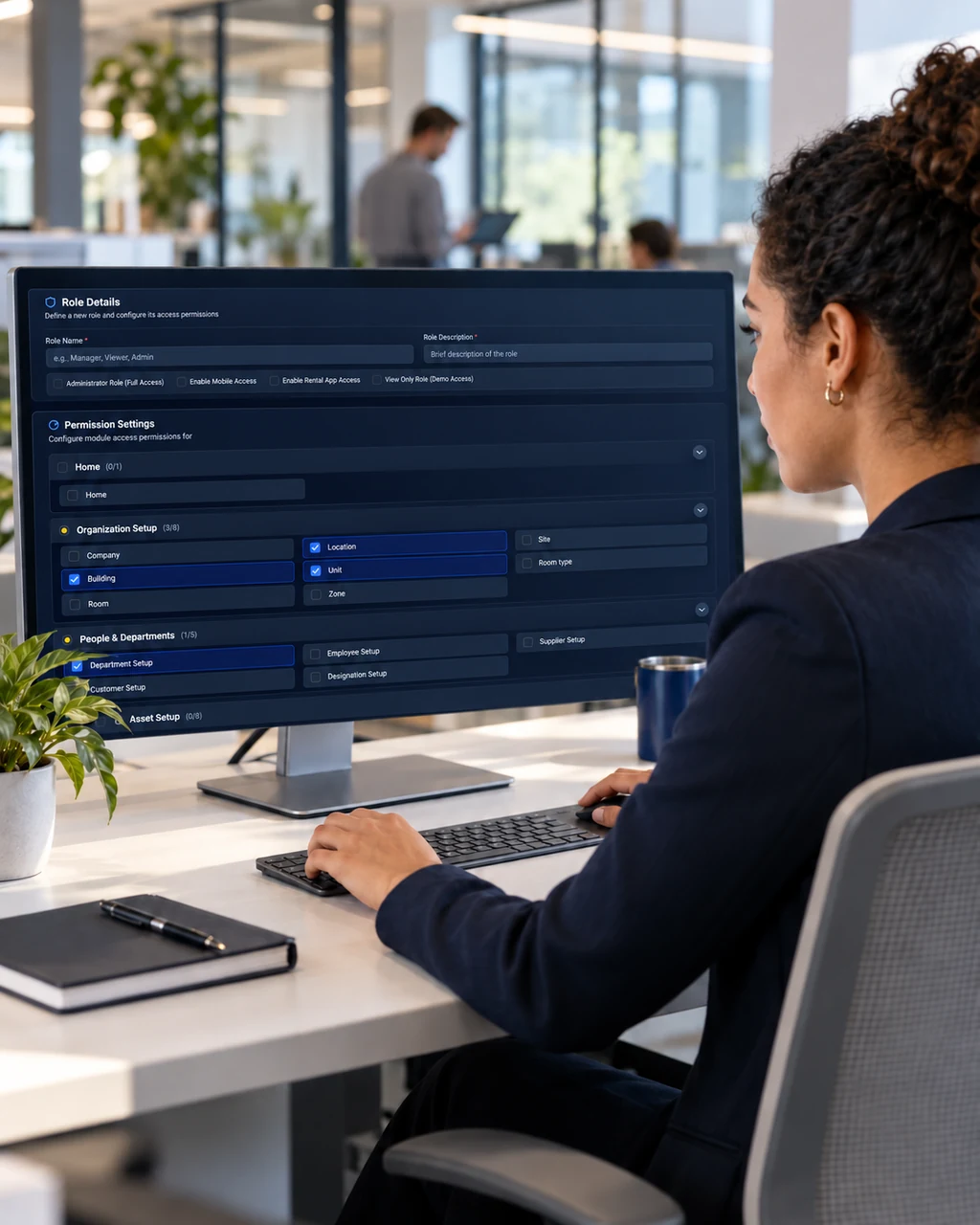 AssetSeal access-control screen showing roles and location-based permissions