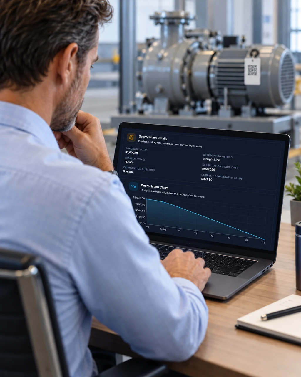 AssetSeal asset record showing cost, depreciation schedule and book value