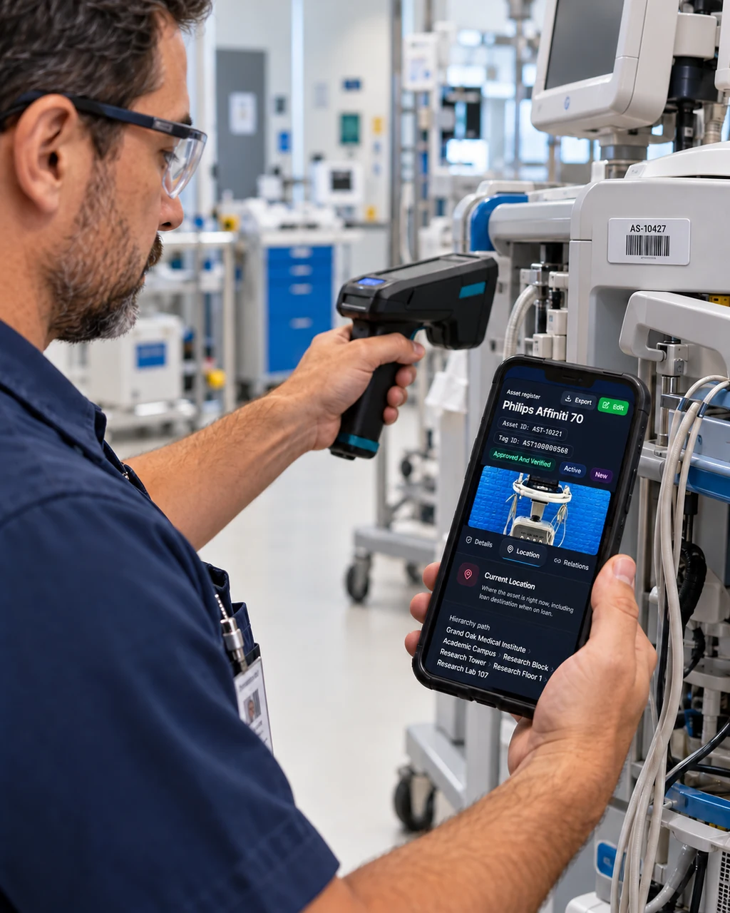 Technician using AssetSeal to verify equipment location with a mobile reader