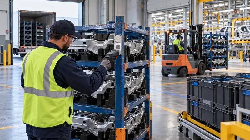 Logistics technician scanning a returnable automotive rack