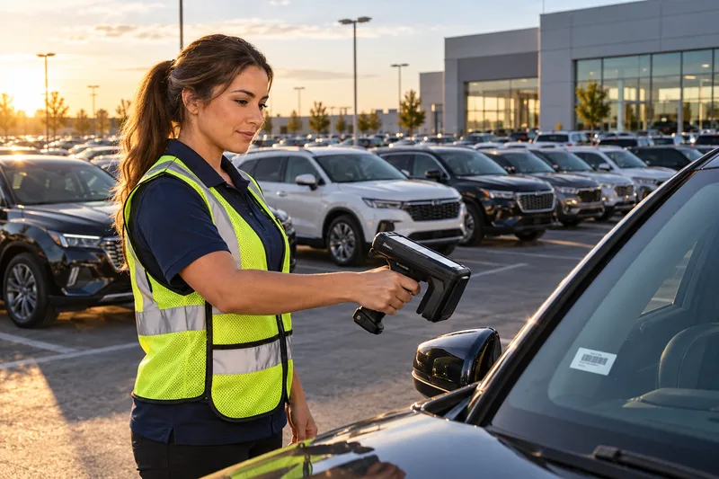 Operator verifying a vehicle in a dealership yard