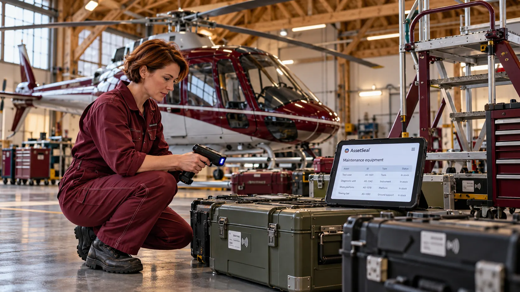 Technician scanning helicopter maintenance assets