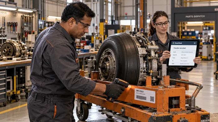 Team recording the transfer of an aircraft component