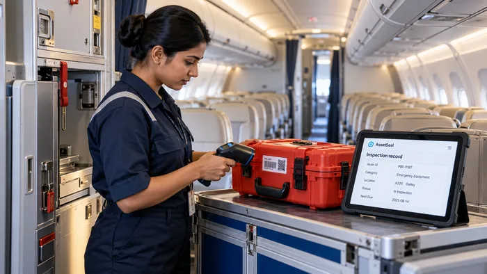 Technician scanning aircraft emergency equipment