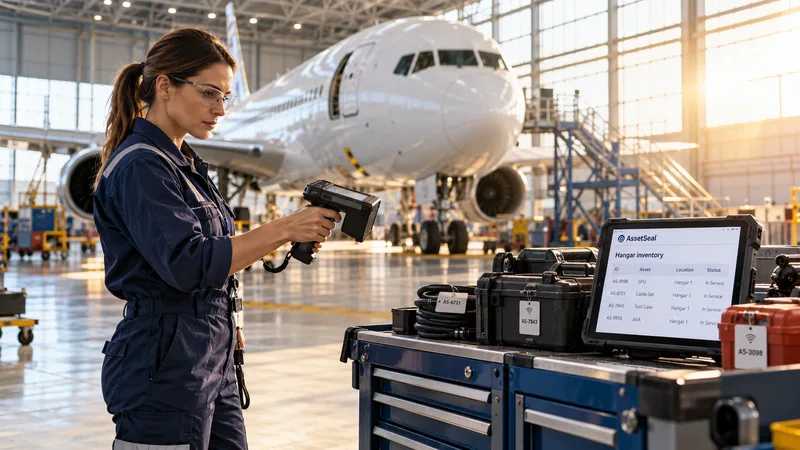 Technician scanning assets inside an aircraft hangar