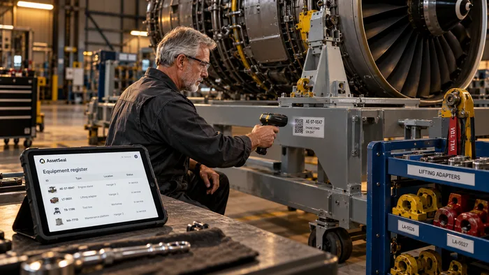 Technician scanning a turbofan engine asset