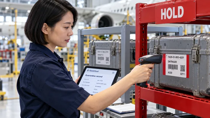 Technician scanning aircraft parts held in quarantine