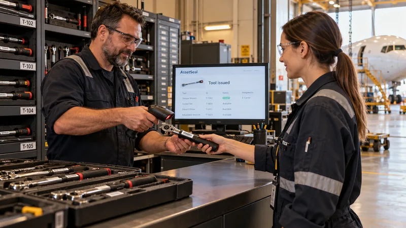 Technician scanning a torque wrench at the aircraft tool crib