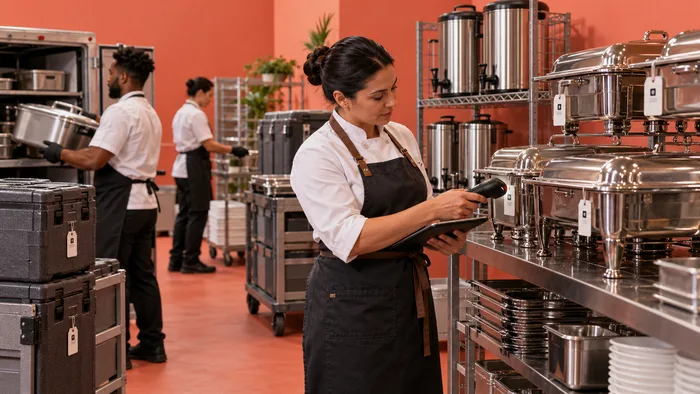 Staff running a return check on catering gear