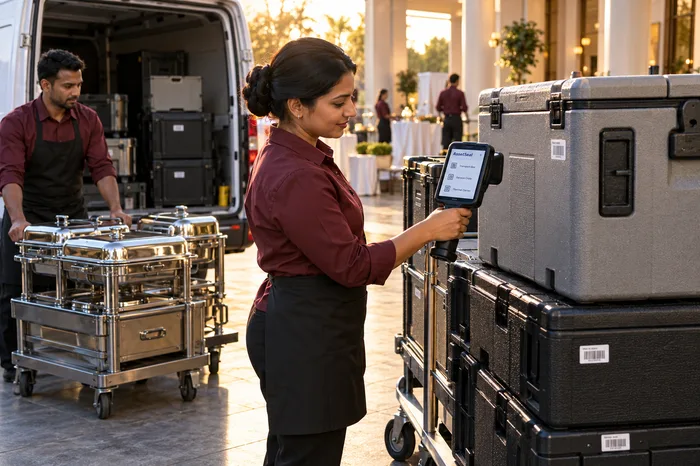 Catering team checking equipment returned from an event