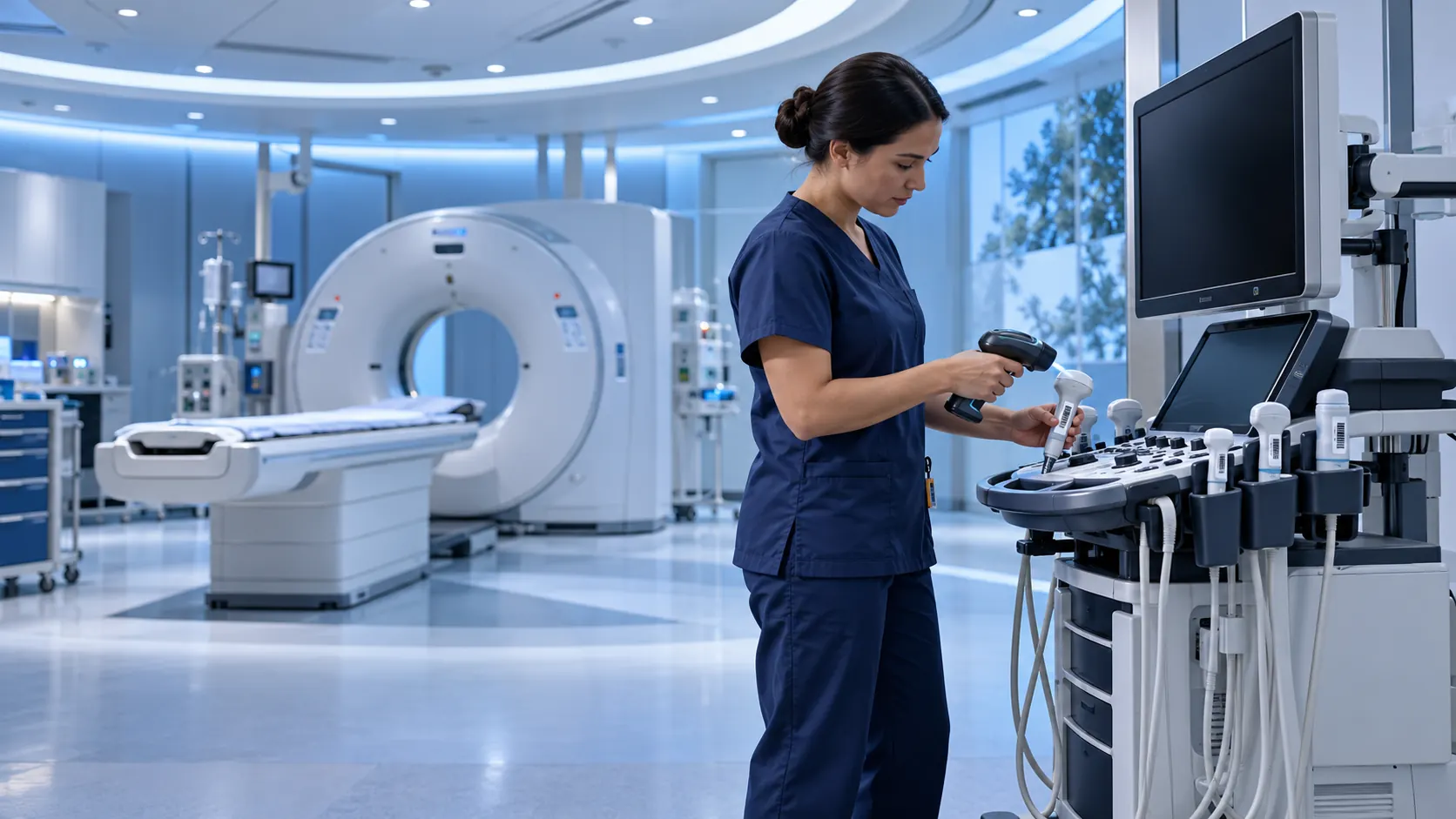 Clinician verifying an ultrasound system in an imaging suite