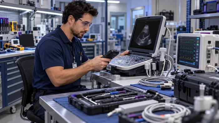 Biomedical technician scanning ultrasound equipment