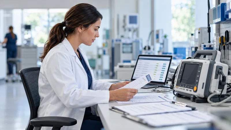 Staff reviewing medical device service records