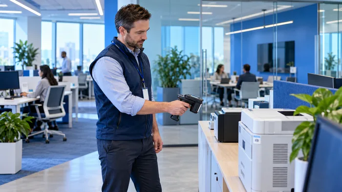 Facilities manager conducting an office asset audit