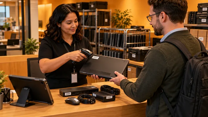 IT coordinator scanning a laptop before issue