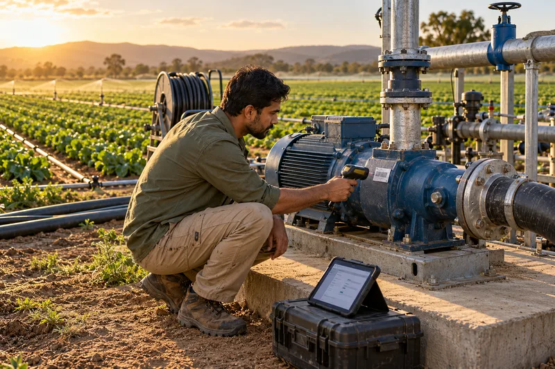 Farm worker checking tagged irrigation equipment in the field