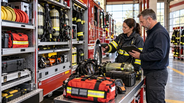 Fire crew verifying emergency equipment at the station