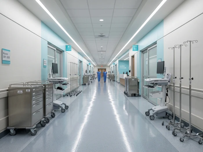 Bright hospital corridor with equipment along the walls