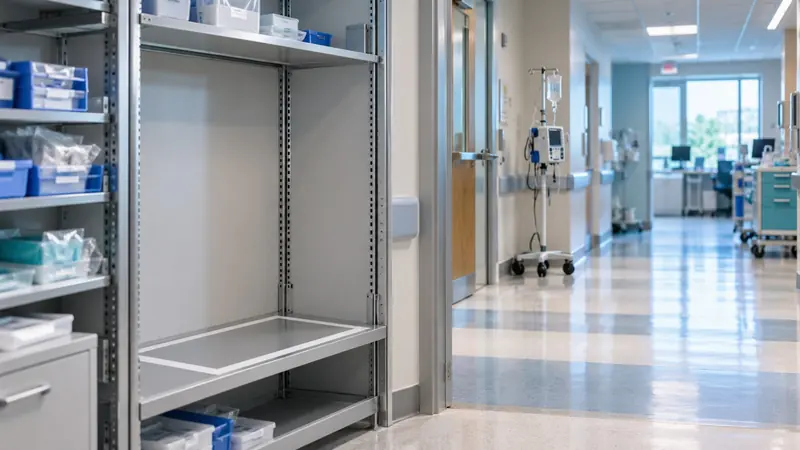 Hospital corridor and equipment storage area where medical equipment is tracked with AssetSeal
