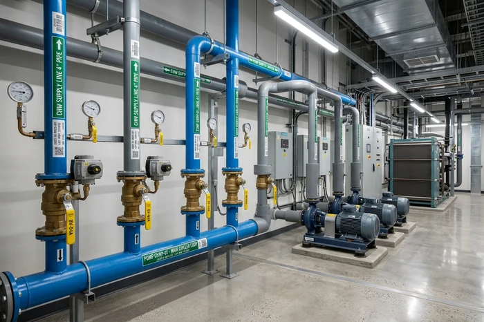 Plant room pipework with valves and a pressure gauge