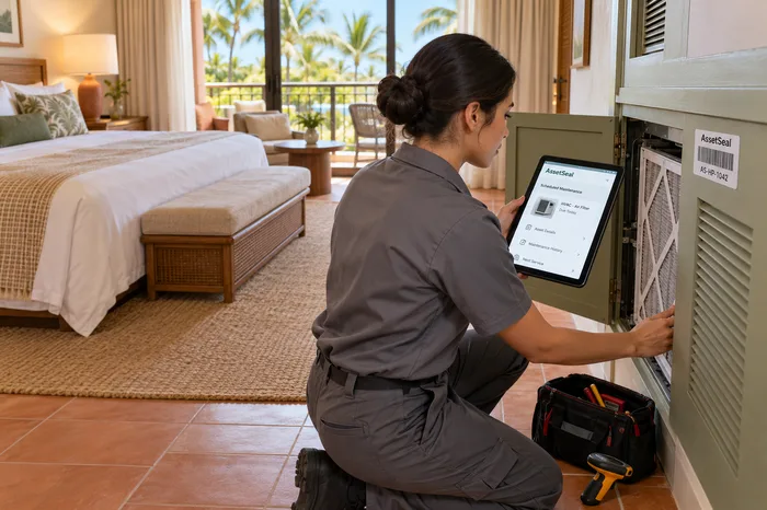 Engineer inspecting resort HVAC equipment