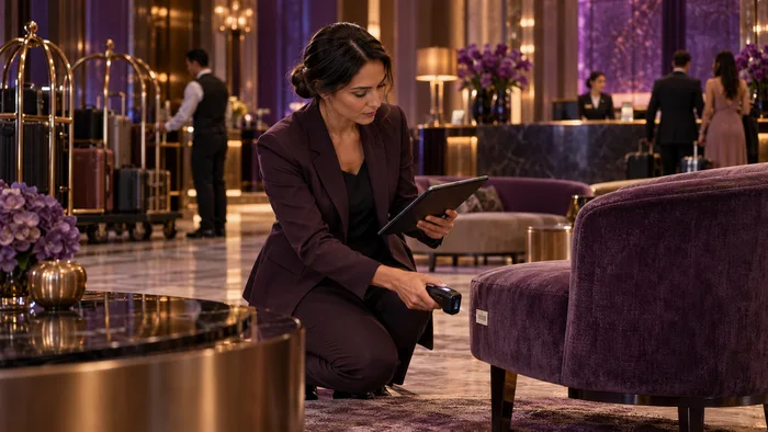Manager auditing fixed assets in the hotel lobby
