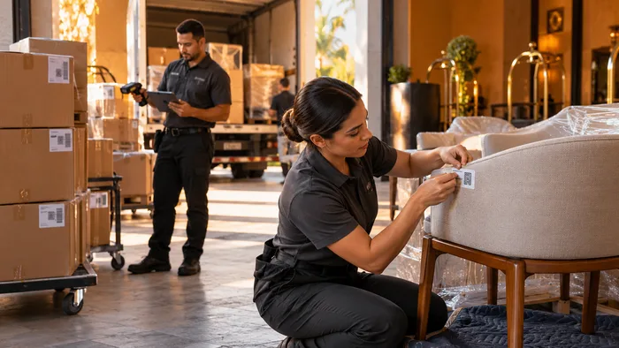 Receiving team tagging newly delivered furniture