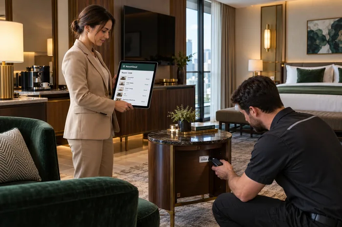 Staff inventorying furniture in a guest suite