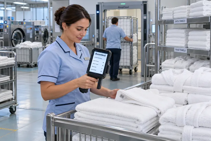 Housekeeping scanning towels in the hotel laundry