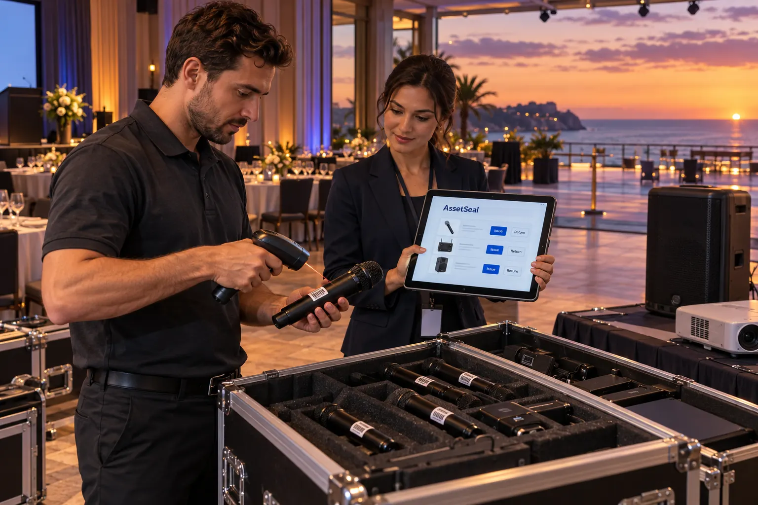 Hotel staff checking event equipment in a seaside ballroom