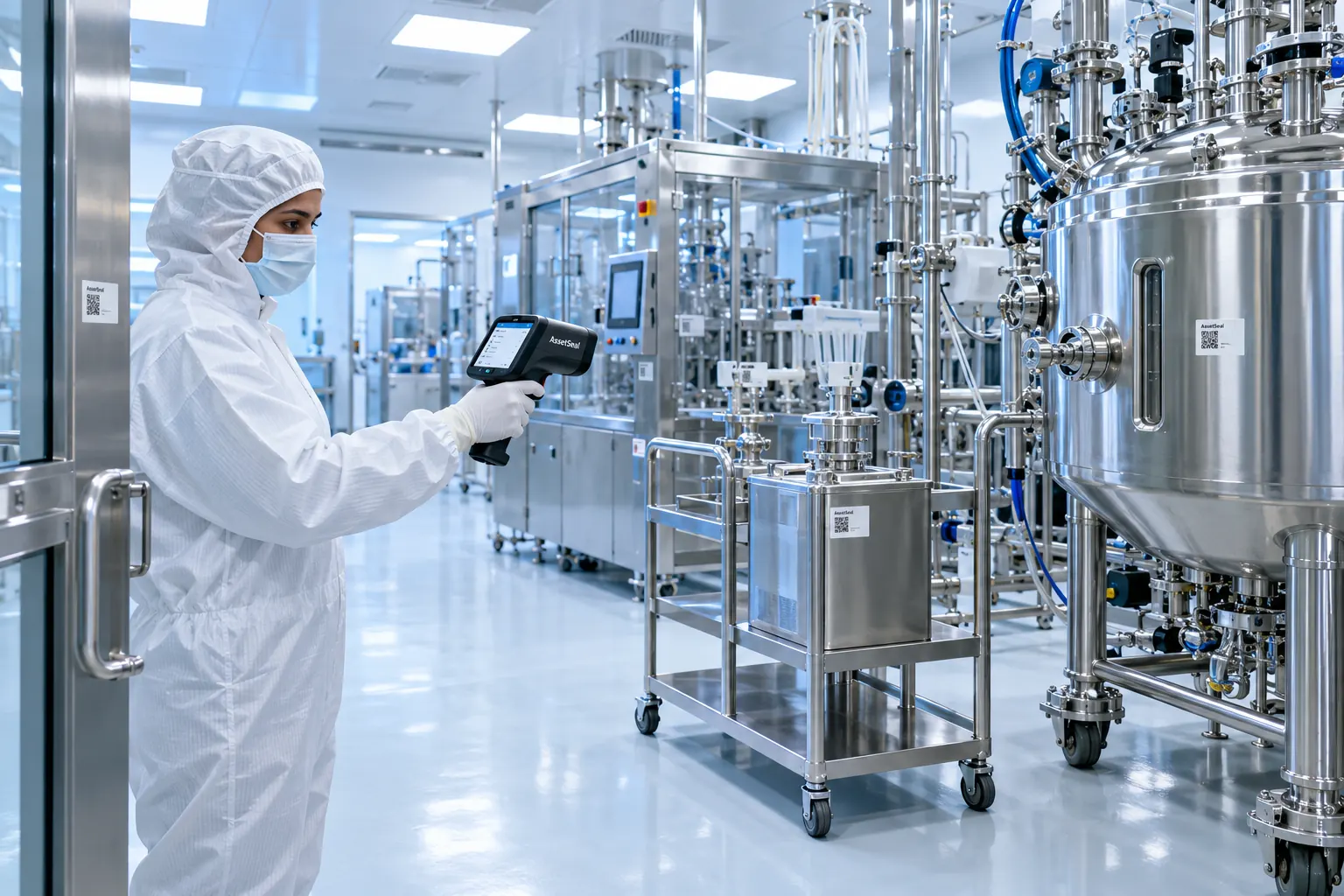 Technician verifying assets in a cleanroom
