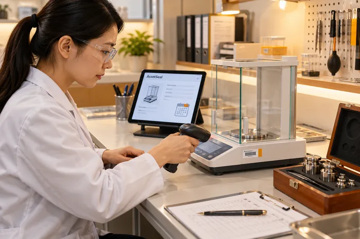 Scientist verifying a precision balance