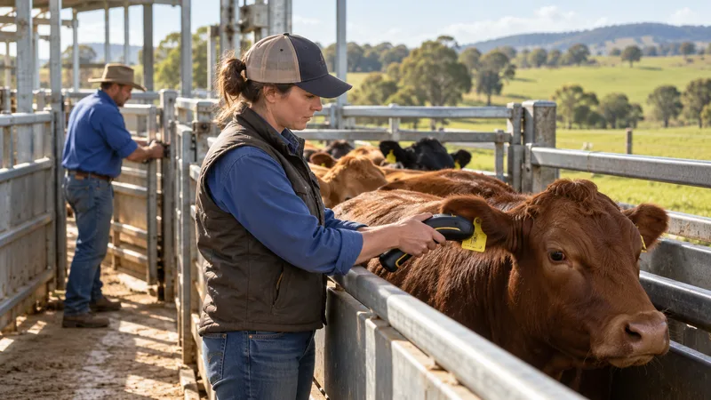 Handler reading a cow's ear tag in the barn
