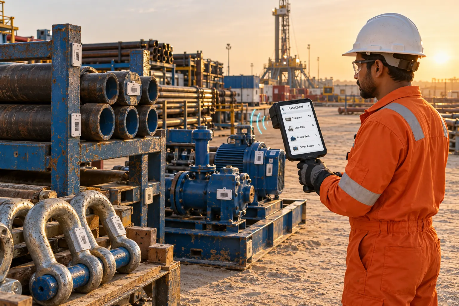 Field technician tracking tagged oilfield equipment