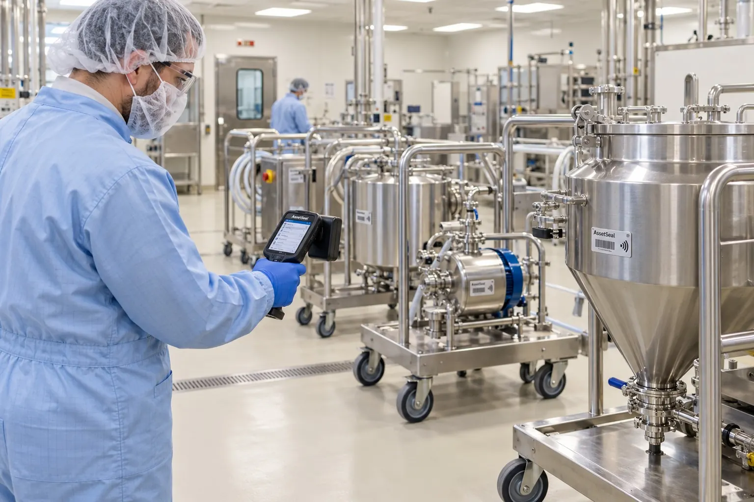 Technician scanning portable process vessels