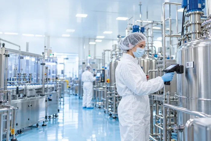 Technician scanning a vessel on a pharmaceutical production line