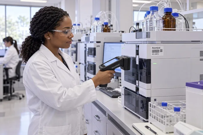 Scientist scanning a laboratory analyser in the quality lab