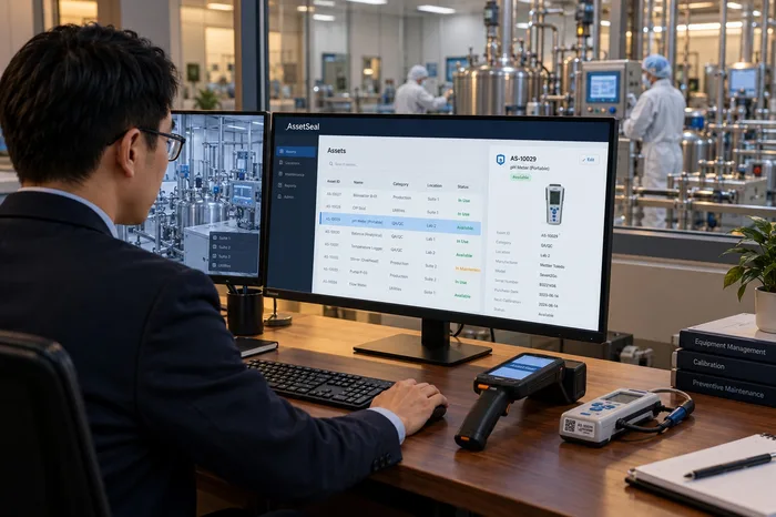 Manager reviewing the pharmaceutical asset register