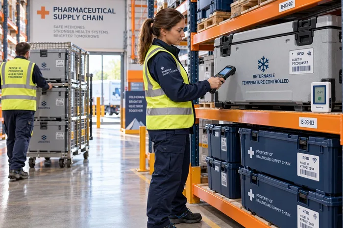 Logistics staff scanning a temperature-controlled shipper