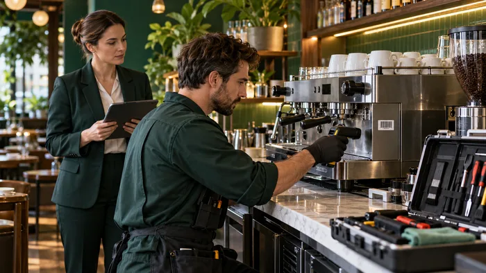 Technician scanning an espresso machine during maintenance
