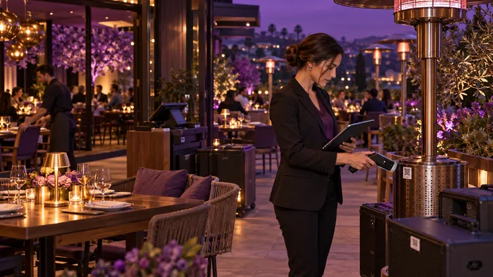 Manager scanning portable patio and dining assets