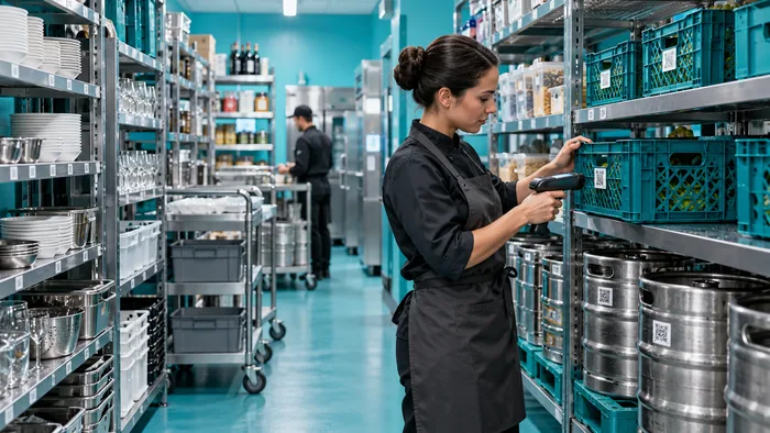 Employee scanning equipment in the restaurant storeroom