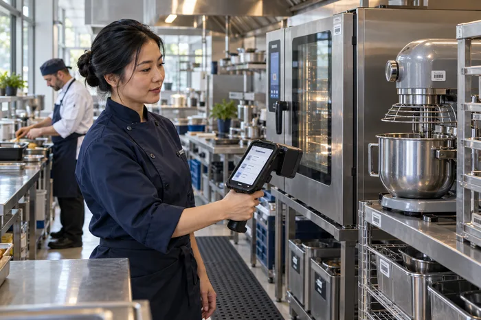 Chef scanning kitchen equipment