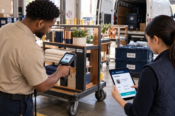 Staff scanning a fixture during a store transfer