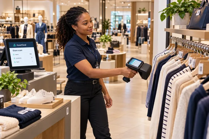 Associate scanning merchandise in a store aisle