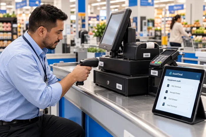 Technician scanning a checkout terminal
