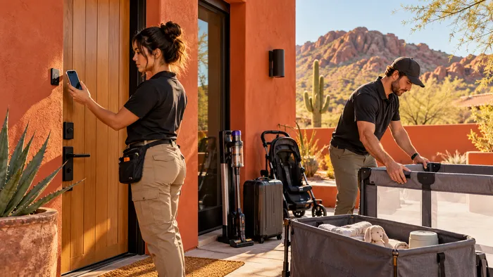 Staff checking guest equipment before a vacation home stay