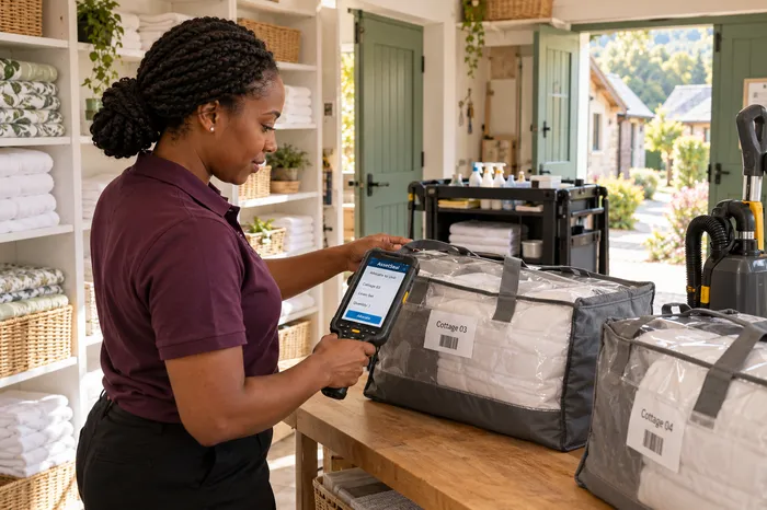 Linen supply stock organized for property restocking