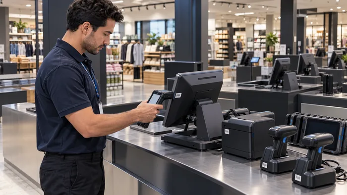 Technician auditing store equipment