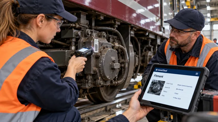 Mechanic scanning a tagged brake assembly